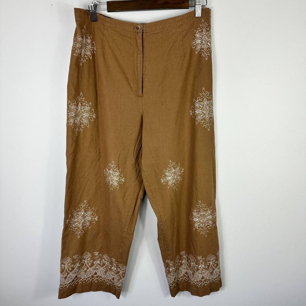 Real Comfort Embroidered Linen Pants Size 14 Brown‎ Boho Cottage Folk Earthy
